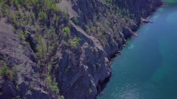 Baikal lake shore and rocks from aerial view — Stok Video