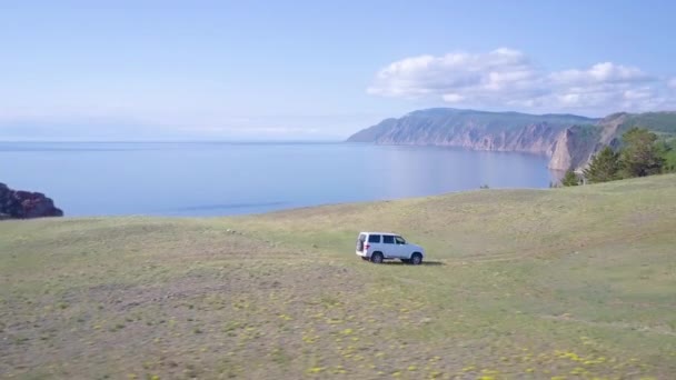 Prores Carro Passeios Longo Costa Lago Baikal Paisagem — Vídeo de Stock