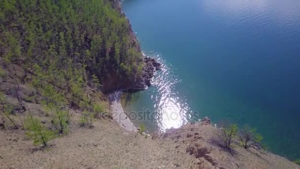 Baikal Lake Shore Rocks Aerial View Landscape — Stock Video