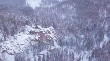 ProRes. Kış orman ve havadan görünümü kayalardan. Manzara.