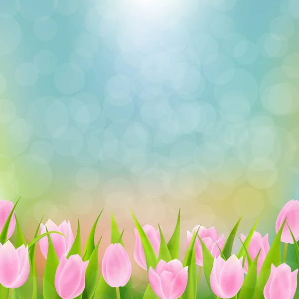 Postal de primavera con tulipanes rosados — Vector de stock