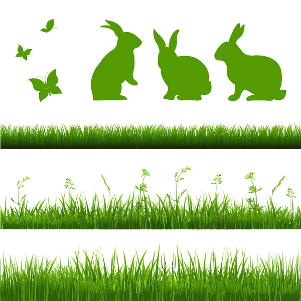 Conjunto de fronteras de hierba con conejos — Archivo Imágenes Vectoriales