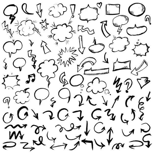 Flechas dibujadas a mano negras y juego de burbujas de habla — Archivo Imágenes Vectoriales