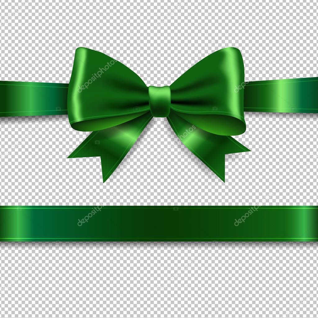 Green Ribbon Bow Transparent Background With Gradient Mesh, Vector Illustration
