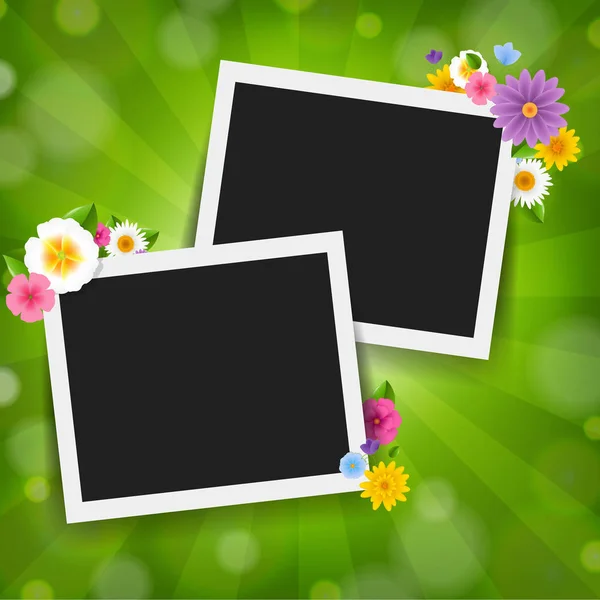 Fotolijstjes Met Groene Sunburst Achtergrond Met Bloemen Grens Met Verloopnet — Stockvector