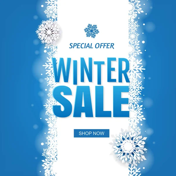 Sale Blauwe Winter Banner Met Witte Sneeuwvlokken Met Gradiënt Mesh — Stockvector