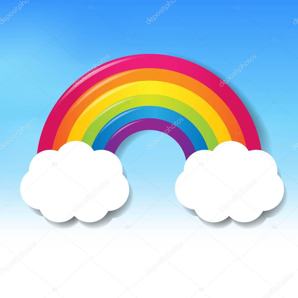Colorful Rainbow With Clouds Blue Sky - Illustration