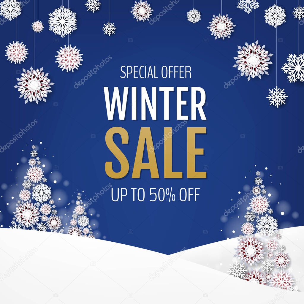 Sale Banner With Christmas Tree And Snowflakes  With Gradient Mesh, Vector Illustration