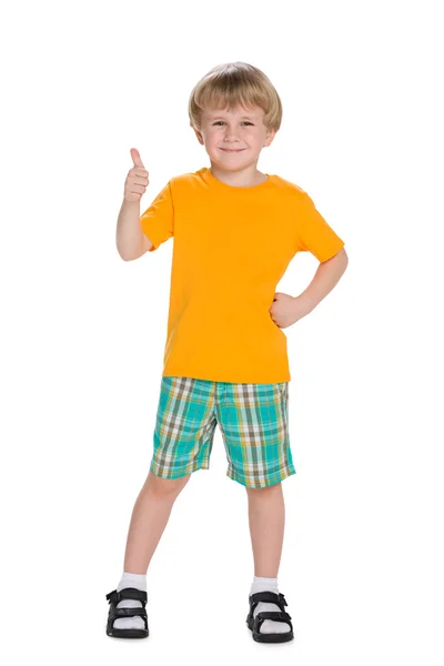 Blonder kleiner Junge mit erhobenem Daumen — Stockfoto