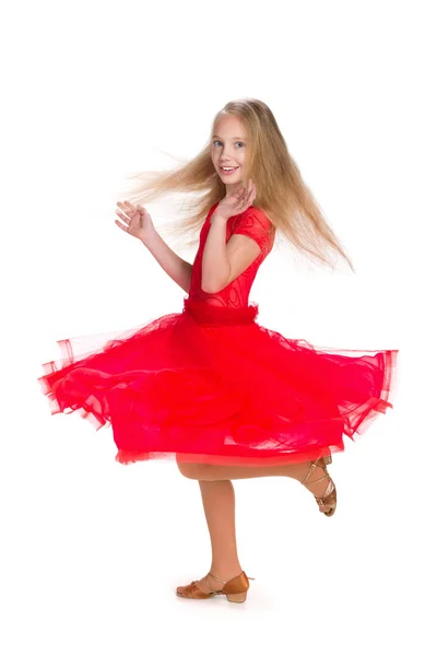 Happy girl in a red dress — Stock Photo, Image