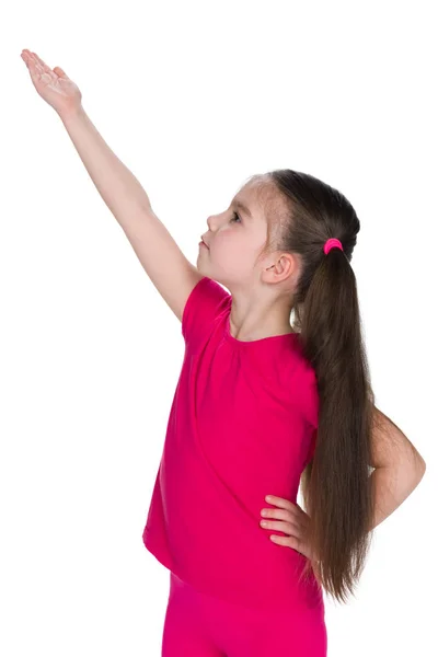 Kis lány megmutatja a tenyerét az oldalon — Stock Fotó