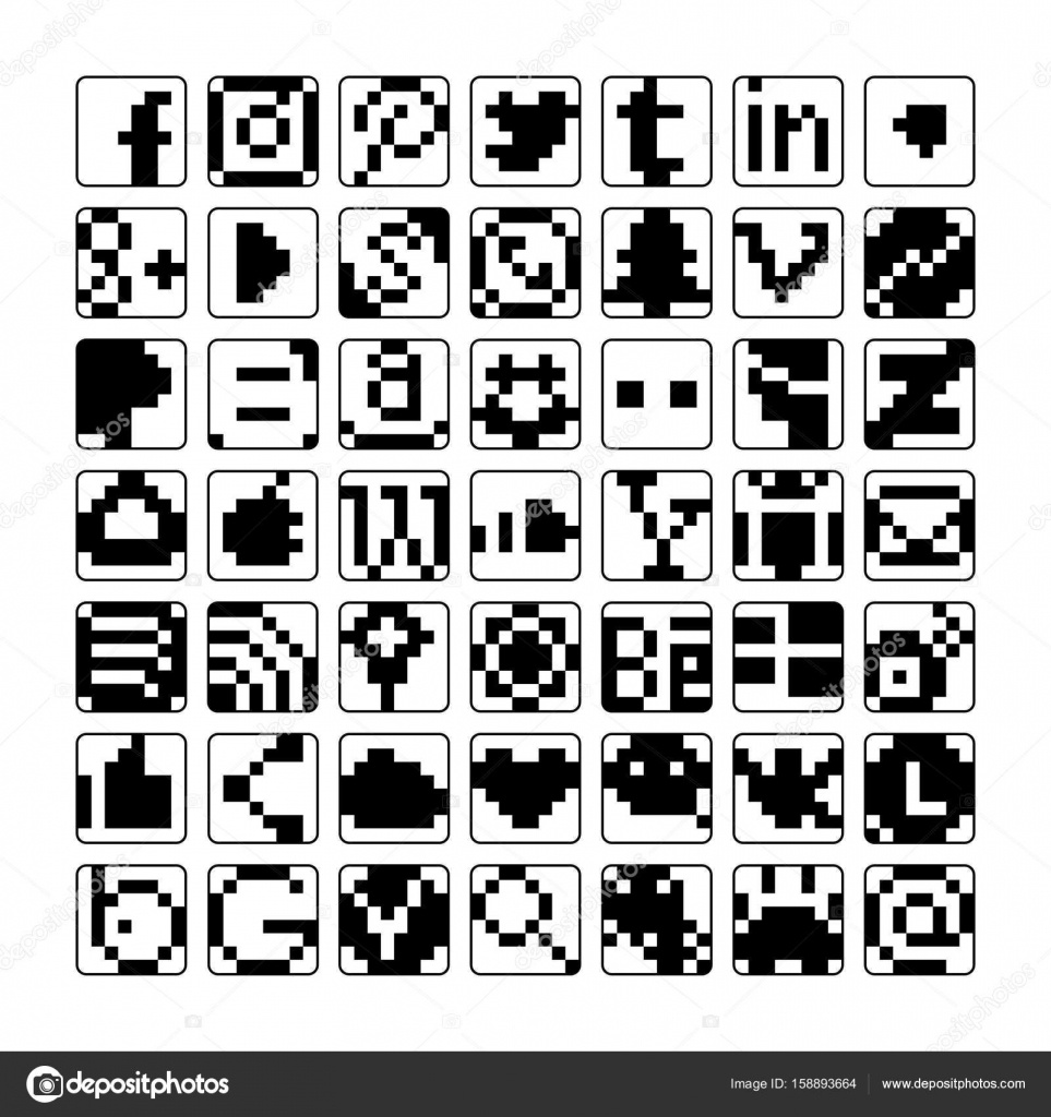 Die Pixel-Social-Media-Symbole und die regulären Symbole für ein Telefon.  Stock-Vektorbild von ©dhomochevsky 158893664, image size:963x1024