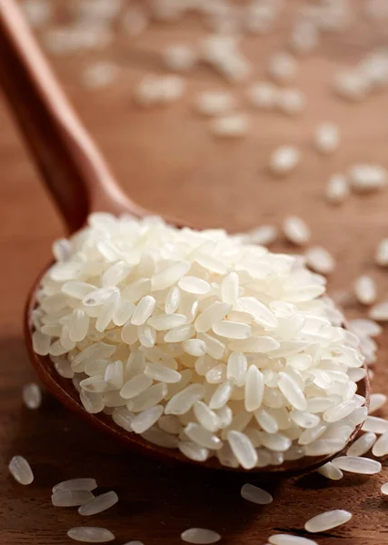 Arroz Madera Cuchara Sobre Fondo Arroz — Foto de Stock