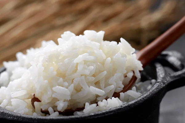 Closeup Cooking Rice Wooden Spoon — Stock Photo, Image