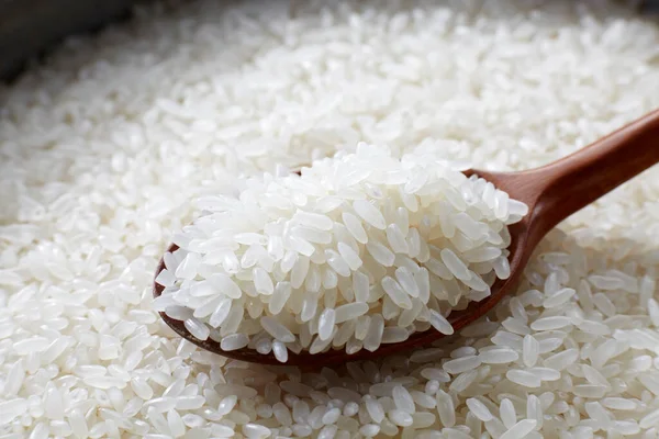 Arroz Madera Cuchara Sobre Fondo Arroz — Foto de Stock