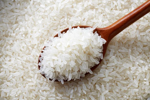 Arroz Madera Cuchara Sobre Fondo Arroz — Foto de Stock