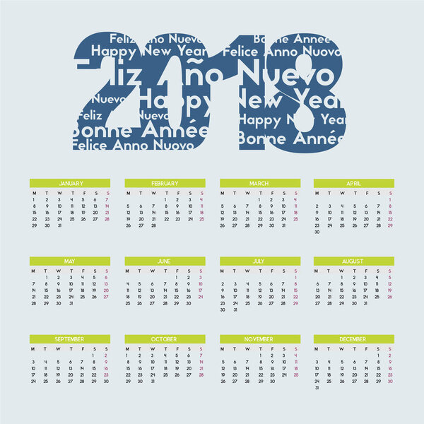 Cheerful and colorful calendar for the coming of the new year 2018 - light background