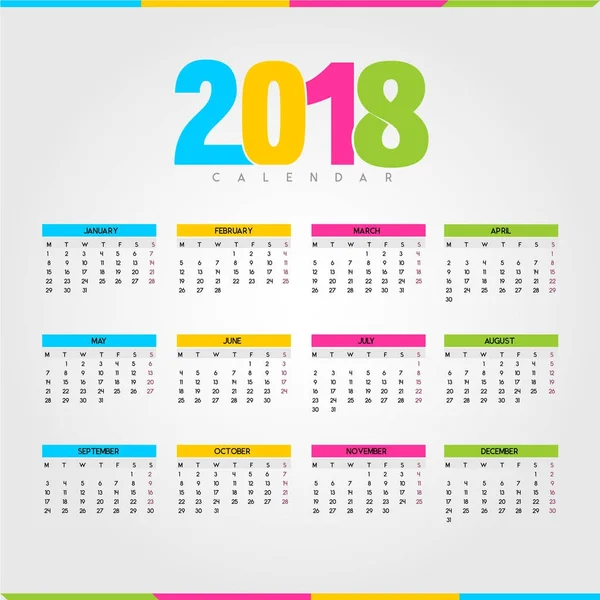 Calendrier joyeux et coloré pour la nouvelle année 2018 - arrière-plan clair — Image vectorielle