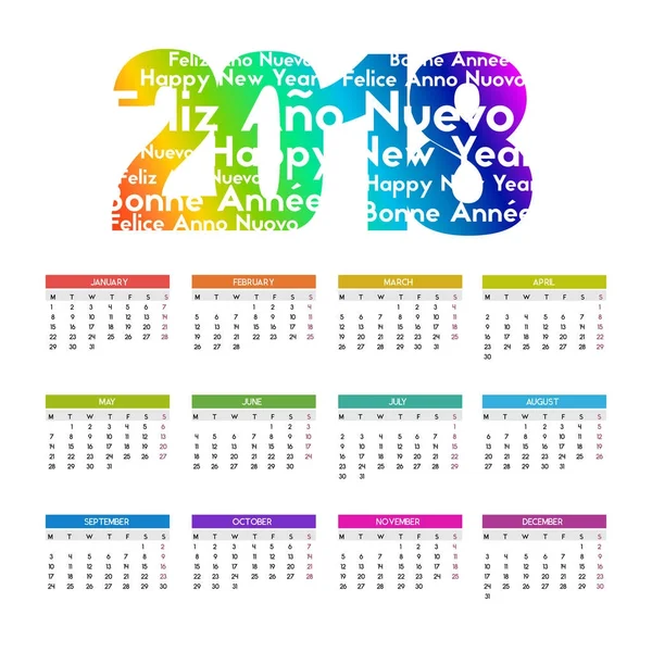 Glada och färgstarka kalender för kommandet av det nya året 2018 - ljus bakgrund — Stock vektor
