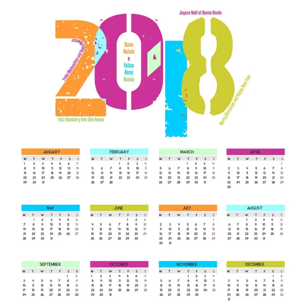 Glada och färgstarka kalender för kommandet av det nya året 2018 - ljus bakgrund — Stock vektor