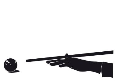 Bilardo el oyuncu üzerinde beyaz izole topuyla, siluet,