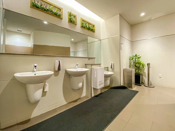 Kranowce i lustra z umywalką w publicznej toalecie — Zdjęcie stockowe