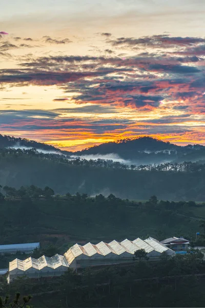 Foto vertical de cielo anaranjado brillante del atardecer y valle brumoso —  Fotos de Stock