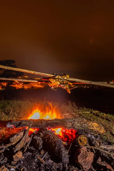 Photo verticale de poulet grillé sur un feu de camp flamboyant la nuit — Photo