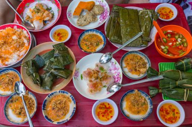 Vietnamese Hue style cuisine, steamed rice cake and minced shrimp