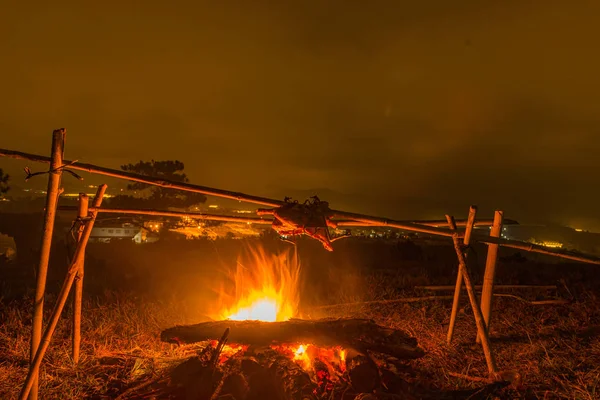 Frango grelhado na chama laranja e lenha no acampamento — Fotografia de Stock