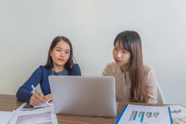 İş görüşmesi sırasında dizüstü bilgisayarda çalışan iki kadın finans danışmanı.