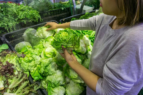 Молодая домохозяйка выбирает свежий салат в продуктовом магазине — стоковое фото