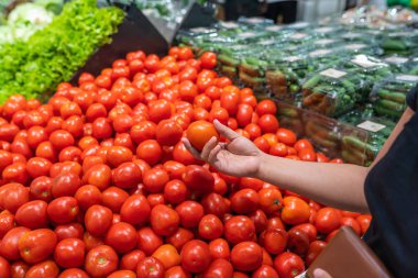 Asian woman buying and picking fresh tomato at grocery store