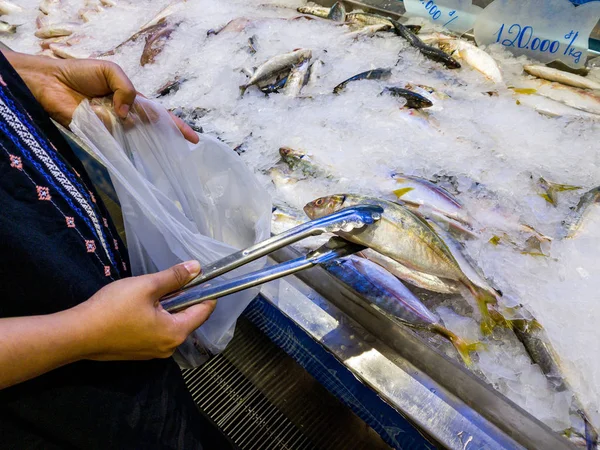 Mujer mano usando pinzas recogiendo pescado congelado en el mercado de mariscos —  Fotos de Stock