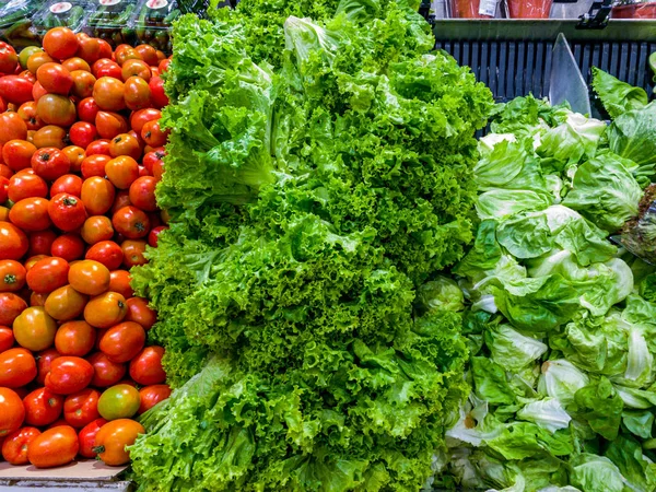 Свежий салат и помидор на продажу в продуктовом магазине — стоковое фото