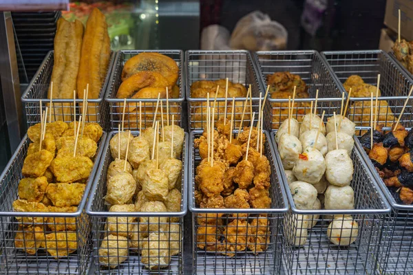 stock image Hong Kong fish ball skewers for sale at food market