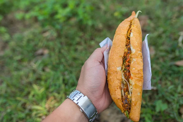 Mano humana sosteniendo Banh Mi- sándwich vietnamita — Foto de Stock