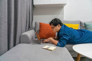  Kanepede yatıp dizüstü bilgisayarla çalışan bir kadın. 