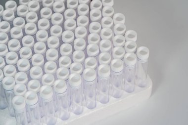 Laboratuvarda bir grup boş kan testi tüpü.