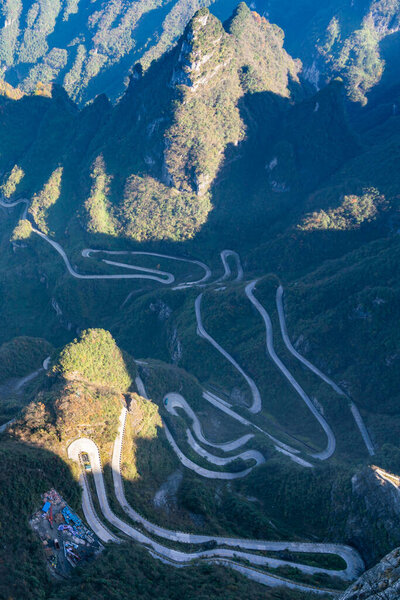 Aerial view of 99 Bends Road in Zhangjia Jie, China