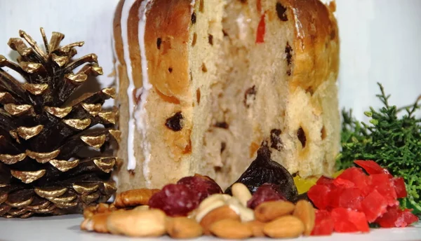 Christmas sweet bread and dried fruit and glazed ingredients — Stock Photo, Image