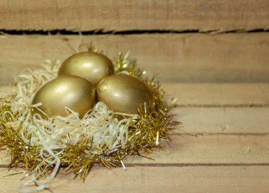 altın yumurta rustik ahşap arka plan ile saman yuvaya