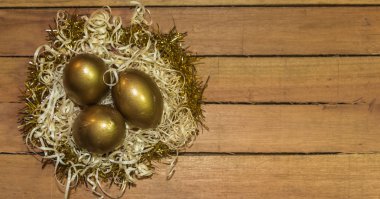 altın yumurta rustik ahşap arka plan ile saman yuvaya