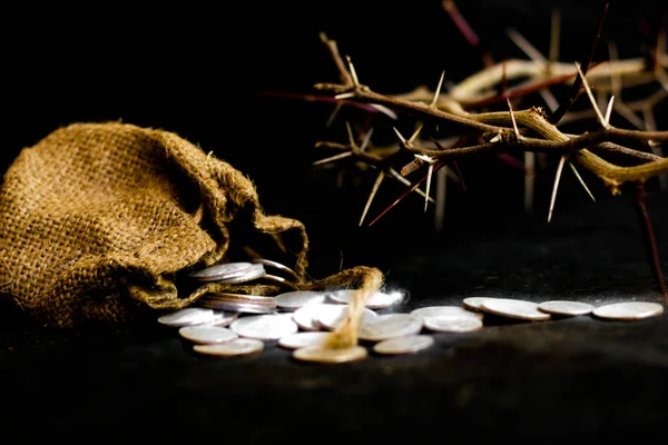 Saco Com Trinta Moedas Prata Símbolo Bíblico Traição Judas — Fotografia de Stock