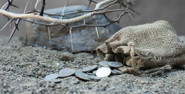 Мешок Тридцатью Серебряными Монетами Библейский Символ Предательства Иуды Лицензионные Стоковые Фото