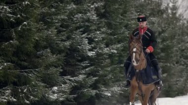 Erkekler güzel karlı kış manzara içinde büyük bir kahverengi at binicilik. Erkek binici ile çiftlik alanlar karlı yol boyunca büyük zarif aygır ile beyaz kışın cantering .