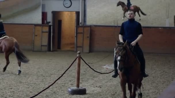 Un uomo che cavalca un cavallo marrone intorno all'arena. . Don razza equina . — Video Stock