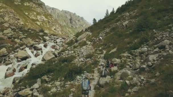 Κουρασμένος τουριστική ομάδα περπάτημα στο μονοπάτι του βουνού. Αναρρίχηση ενός βουνού — Αρχείο Βίντεο