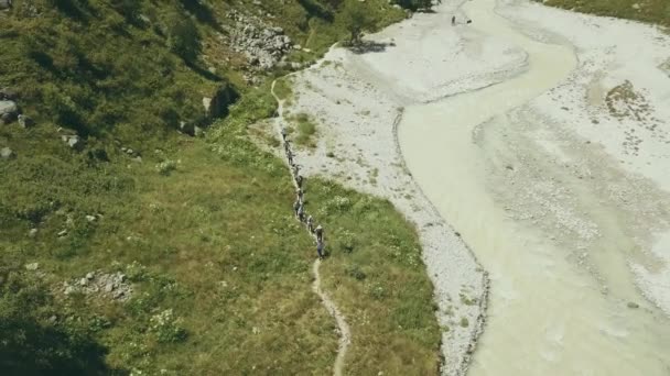 Grupo de senderismo caminando a lo largo del río de montaña en el día de verano. Paisaje de montaña — Vídeo de stock