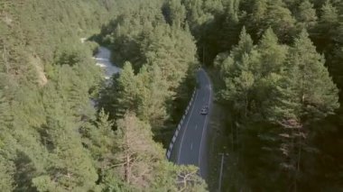 Dağlar arasında yeşil orman yolu boyunca hareketli araba yukarıda güzel manzara